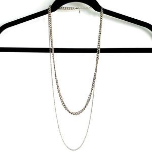 Dark matte silver chain, double hanging chunky and delicate necklace